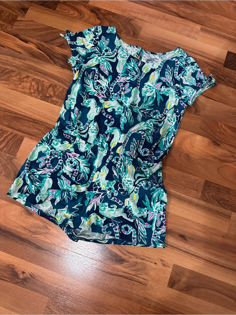 Girl’s Lilly Pulitzer Tropical Print Short Sleeve Romper Size 12/14